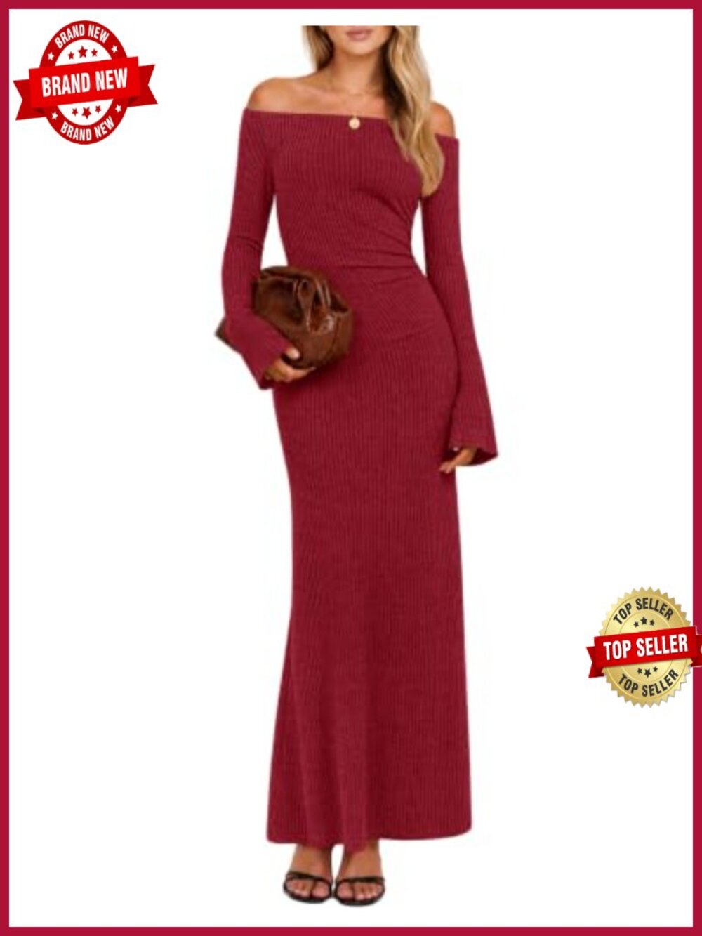 Off Shoulder Long Sleeve Ruched Bodycon Knit Midi Dress